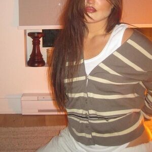 100% wool JAEGER Striped brown cardigan with pockets button up Taupe and Cream